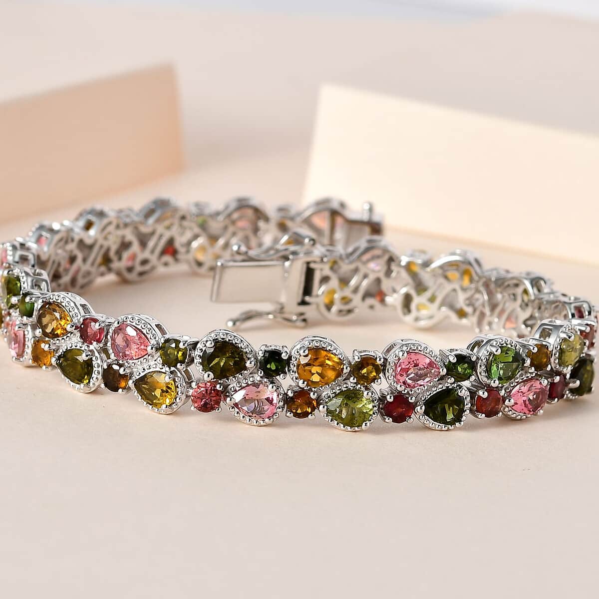 Multi-Tourmaline 2 Row Bracelet in Platinum Over Sterling Silver (7.25 In) 14.70 ctw image number 1