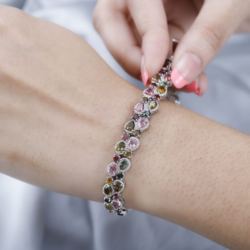 D'Joy Multi-Tourmaline 2 Row Bracelet in Platinum Over Sterling Silver (7.25 In) 14.70 ctw