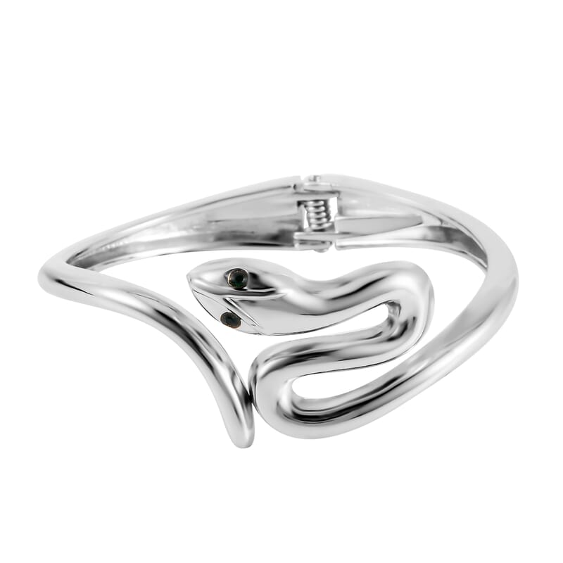 Green Austrian Crystal Snake Bangle Bracelet in Silvertone (7.0 in)