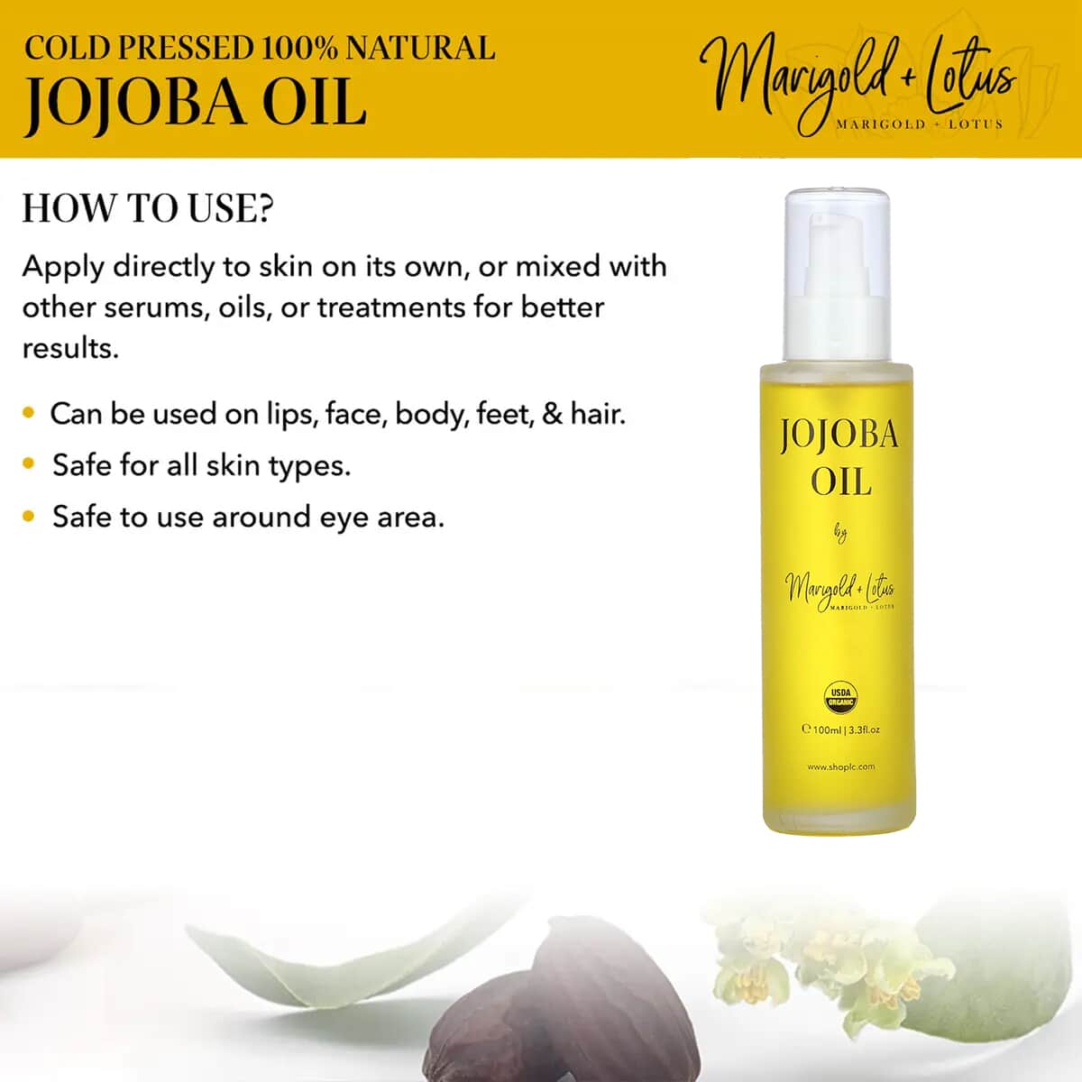Marigold & Lotus Cold Pressed 100% Natural Jojoba Oil 3.3 oz, Unrefined Organic Jojoba Oil, Jojoba Oil for Hair and Skin image number 3