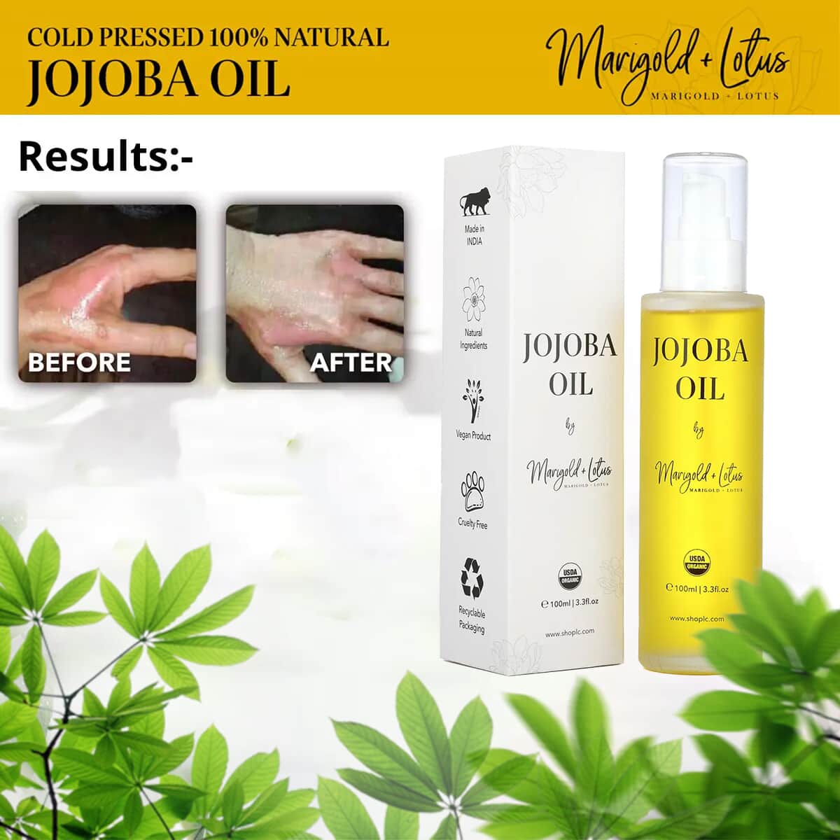 Marigold & Lotus Cold Pressed 100% Natural Jojoba Oil 3.3 oz, Unrefined Organic Jojoba Oil, Jojoba Oil for Hair and Skin image number 4