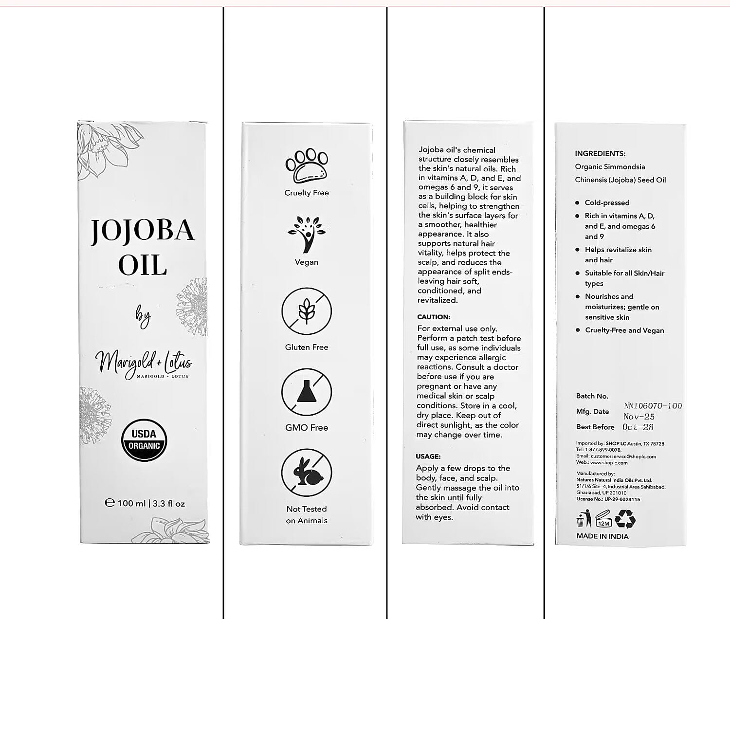 Marigold and Lotus - Cold Pressed 100% Natural Jojoba Oil - 3.3 oz