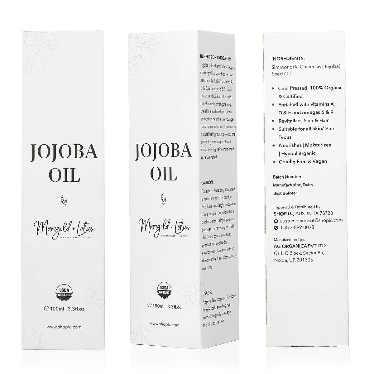 Marigold and Lotus - Cold Pressed 100% Natural Jojoba Oil - 3.3 oz