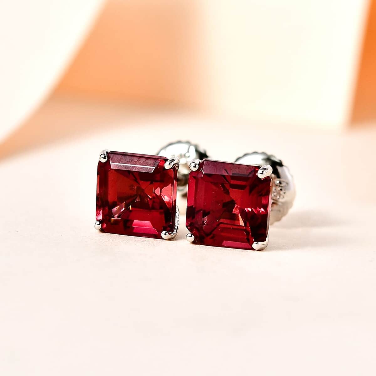 Rhapsody Asscher Cut AAAA Ouro Fino Rubellite 2.40 ctw Solitaire Stud Earrings in 950 Platinum image number 1