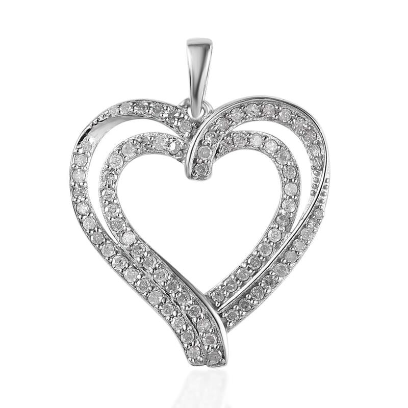 White Diamond Heart Pendant in Rhodium Over Sterling Silver 0.75 ctw