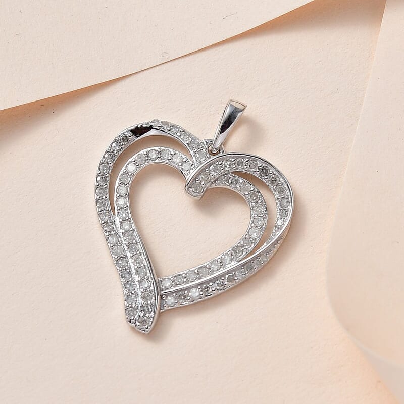 White Diamond Heart Pendant in Rhodium Over Sterling Silver 0.75 ctw