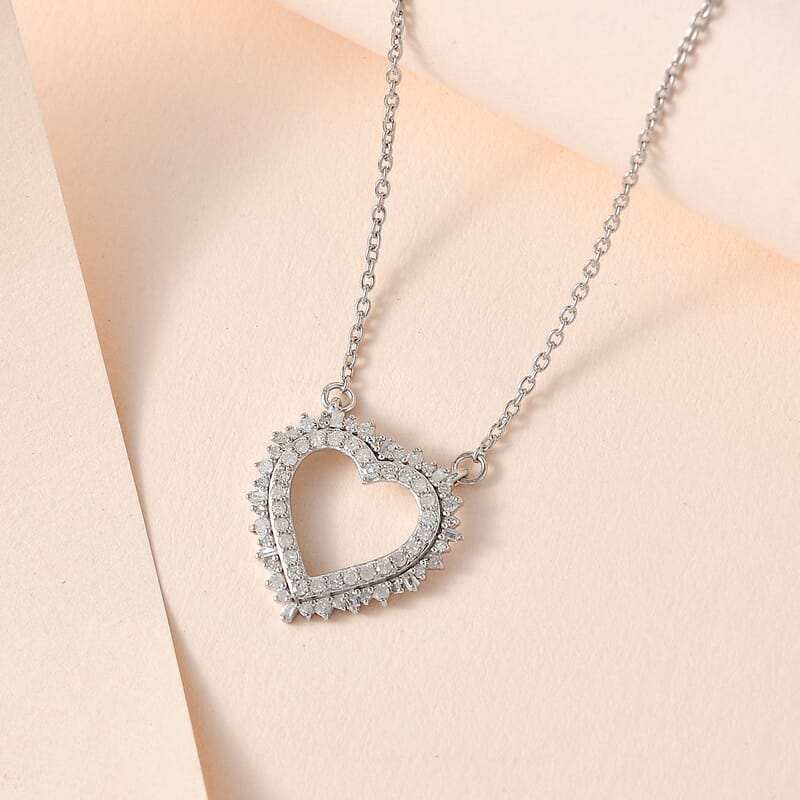 Diamond Heart Necklace 18 Inches in Rhodium Over Sterling Silver 0.50 ctw