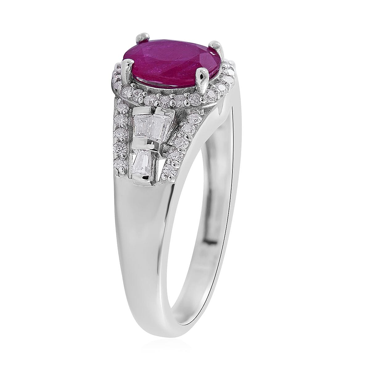 Premium Montepuez Ruby, Moissanite Halo Ring in Platinum Over Sterling Silver (Size 10.0) 1.85 ctw image number 2