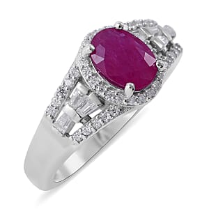 Premium Montepuez Ruby and Moissanite Halo Ring in Platinum Over Sterling Silver (Size 9.0) 1.85 ctw