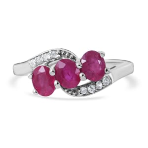 Premium Montepuez Ruby and White Zircon 3 Stone Bypass Ring in Platinum Over Sterling Silver (Size 6.0) 1.65 ctw