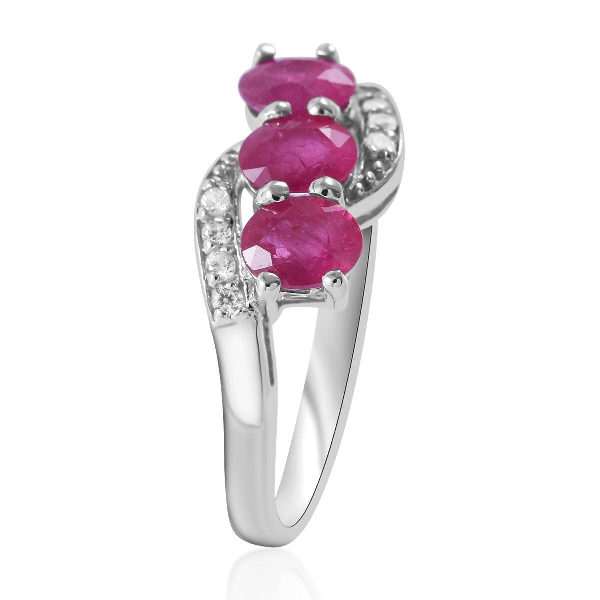 Premium Montepuez Ruby and White Zircon 3 Stone Bypass Ring in Platinum Over Sterling Silver (Size 6.0) 1.65 ctw image number 2
