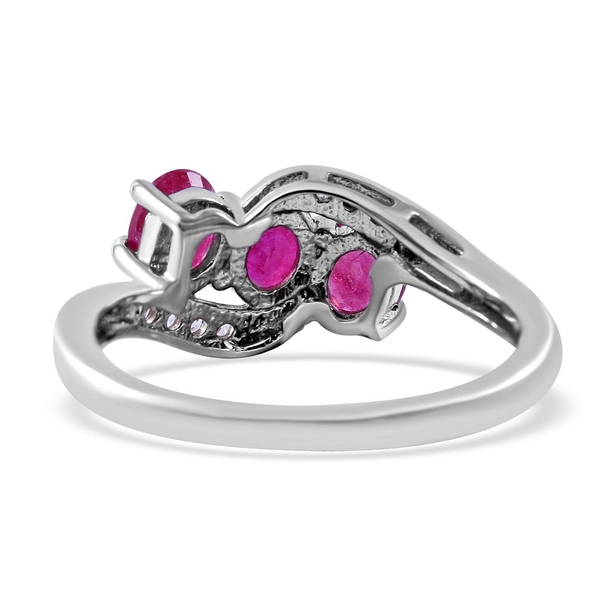 Premium Montepuez Ruby and White Zircon 3 Stone Bypass Ring in Platinum Over Sterling Silver (Size 6.0) 1.65 ctw image number 3