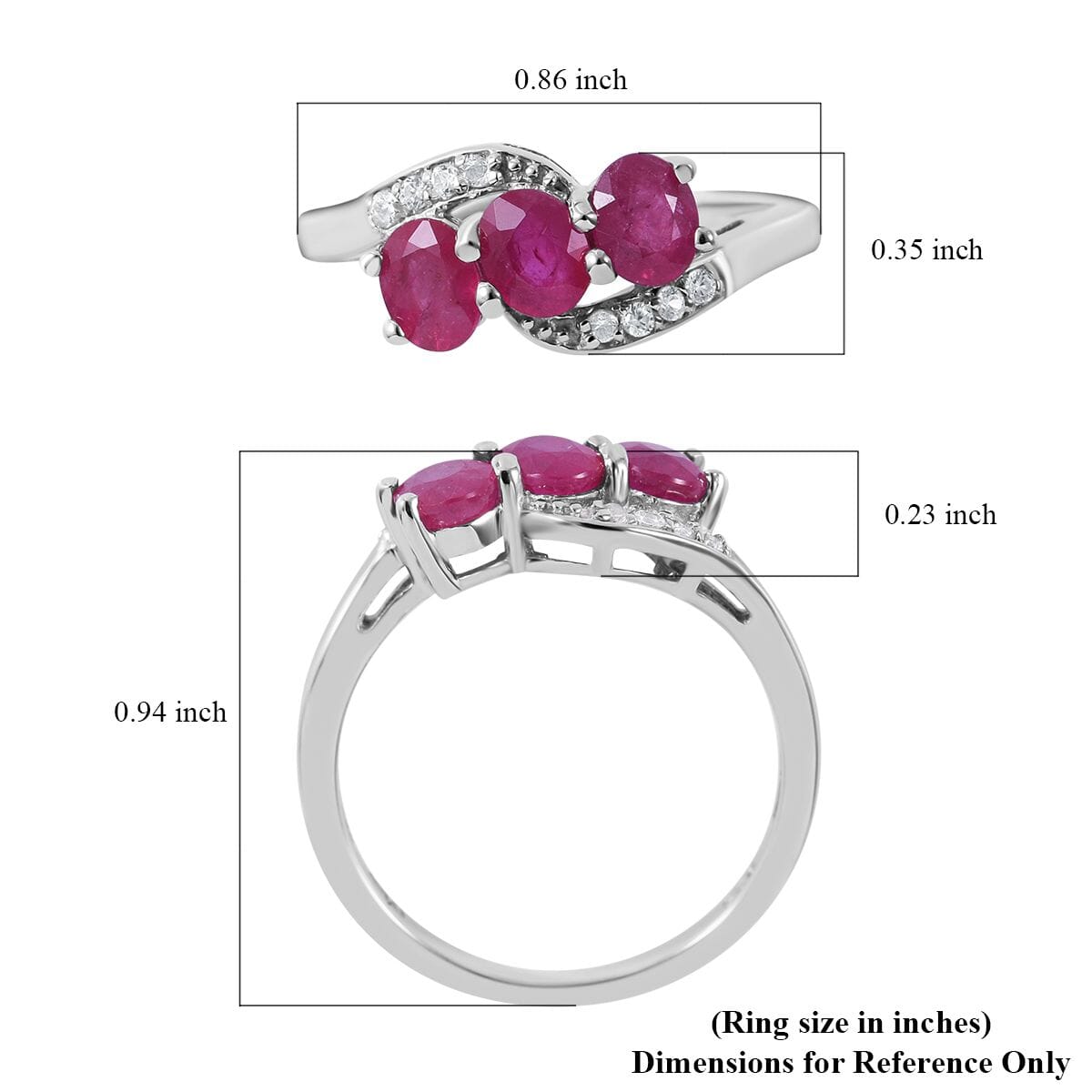 Premium Montepuez Ruby and White Zircon 3 Stone Bypass Ring in Platinum Over Sterling Silver (Size 6.0) 1.65 ctw image number 4