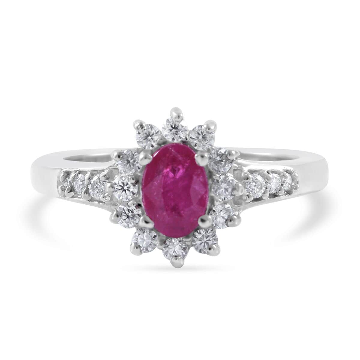 Premium Montepuez Ruby and Moissanite Sunburst Ring in Platinum Over Sterling Silver 0.90 ctw image number 0