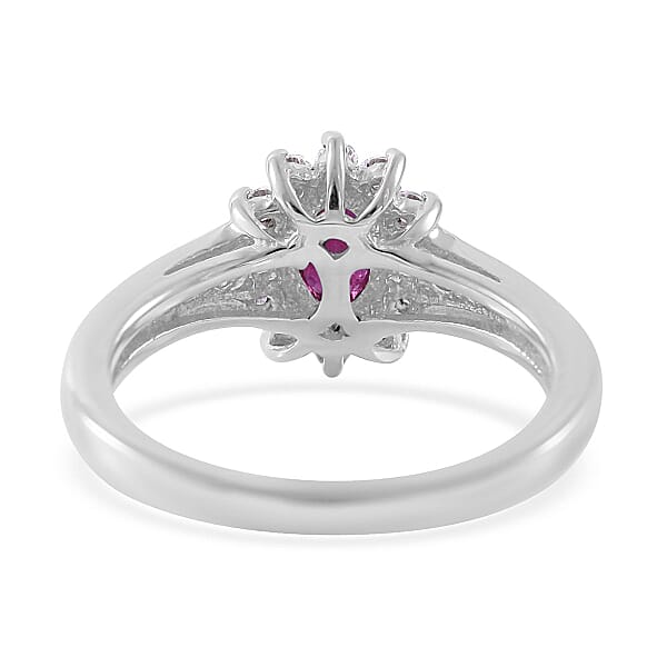 Premium Montepuez Ruby and Moissanite Sunburst Ring in Platinum Over Sterling Silver (Size 10.0) 0.90 ctw