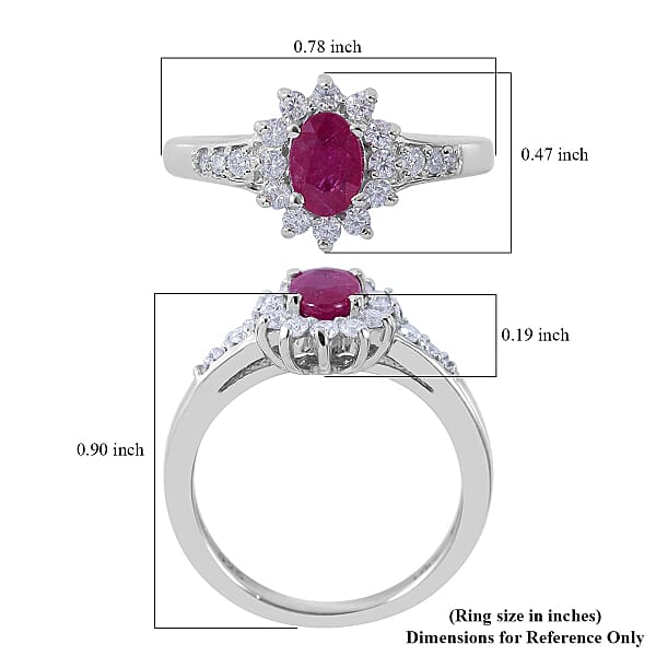 Premium Montepuez Ruby and Moissanite Sunburst Ring in Platinum Over Sterling Silver (Size 10.0) 0.90 ctw