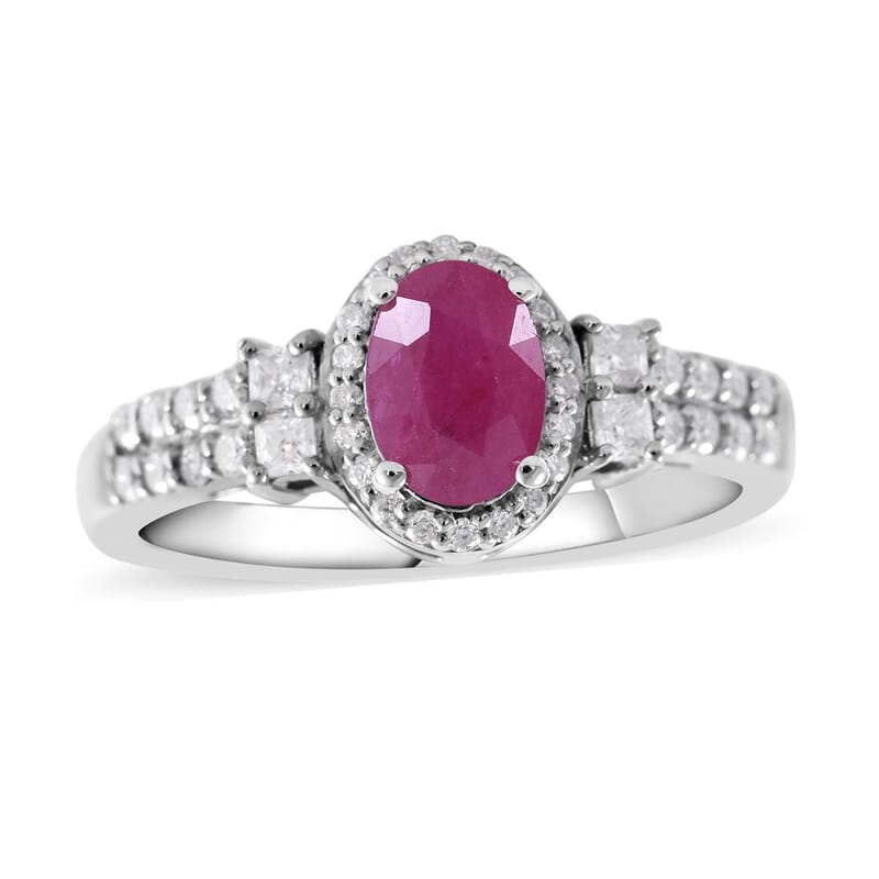 Premium Montepuez Ruby and Moissanite Halo Ring in Platinum Over Sterling Silver (Size 10.0) 1.50 ctw