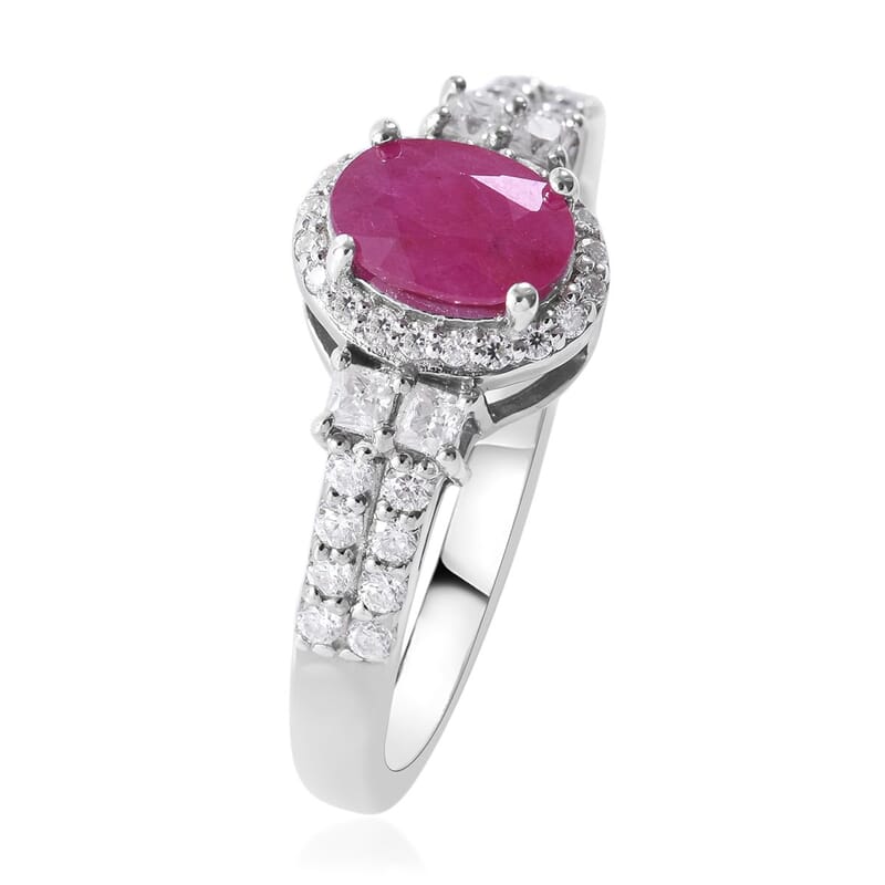 Premium Montepuez Ruby and Moissanite Halo Ring in Platinum Over Sterling Silver (Size 10.0) 1.50 ctw