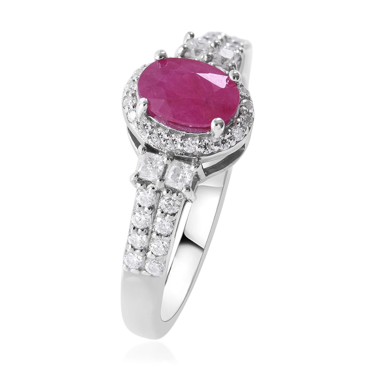 Premium Montepuez Ruby and Moissanite Halo Ring in Platinum Over Sterling Silver (Size 7.0) 1.50 ctw image number 2