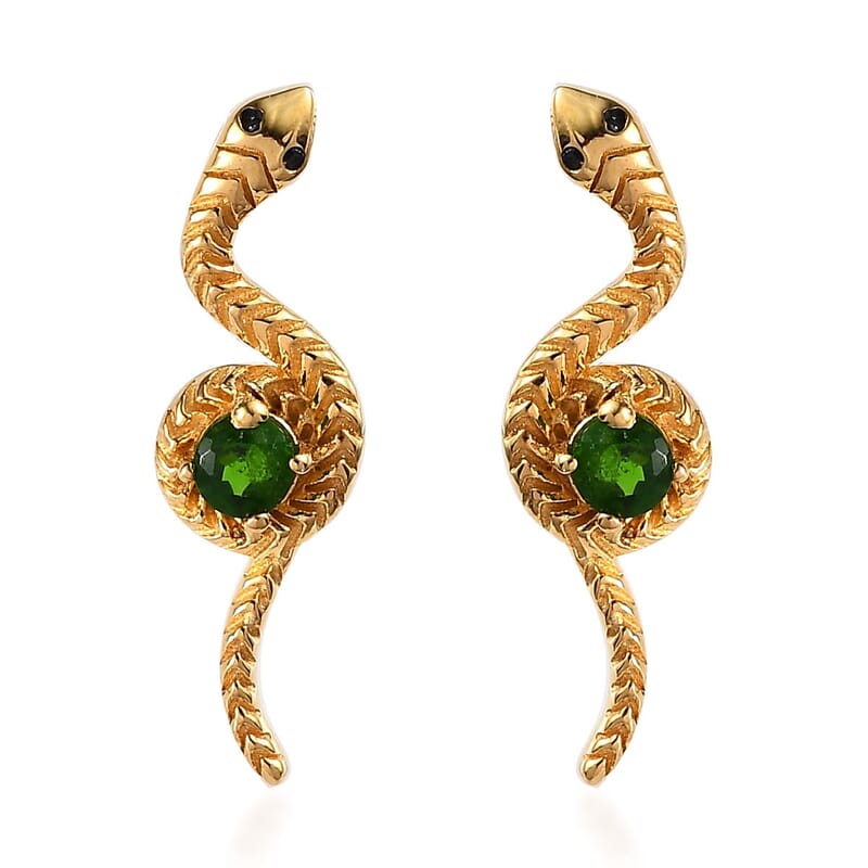 Chrome Diopside and Thai Black Spinel Snake Earrings in Vermeil Yellow Gold Over Sterling Silver 0.20 ctw