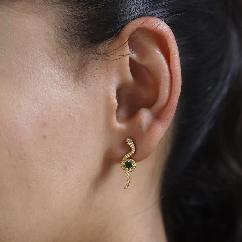 Chrome Diopside and Thai Black Spinel Snake Earrings in Vermeil Yellow Gold Over Sterling Silver 0.20 ctw