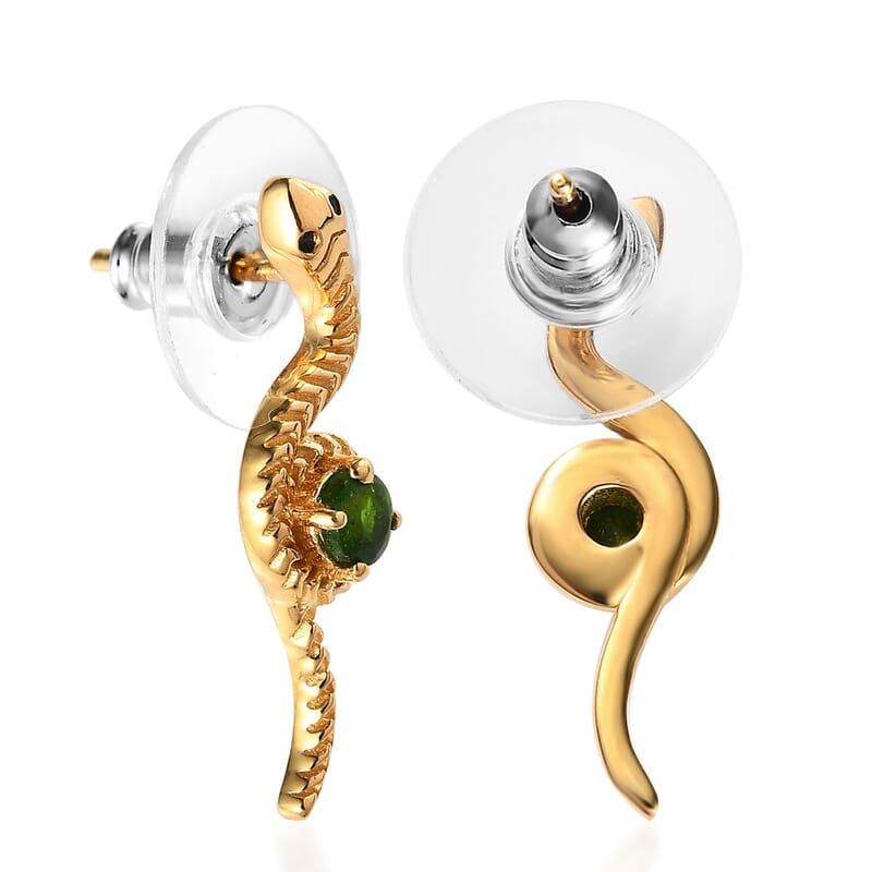 Chrome Diopside and Thai Black Spinel Snake Earrings in Vermeil Yellow Gold Over Sterling Silver 0.20 ctw