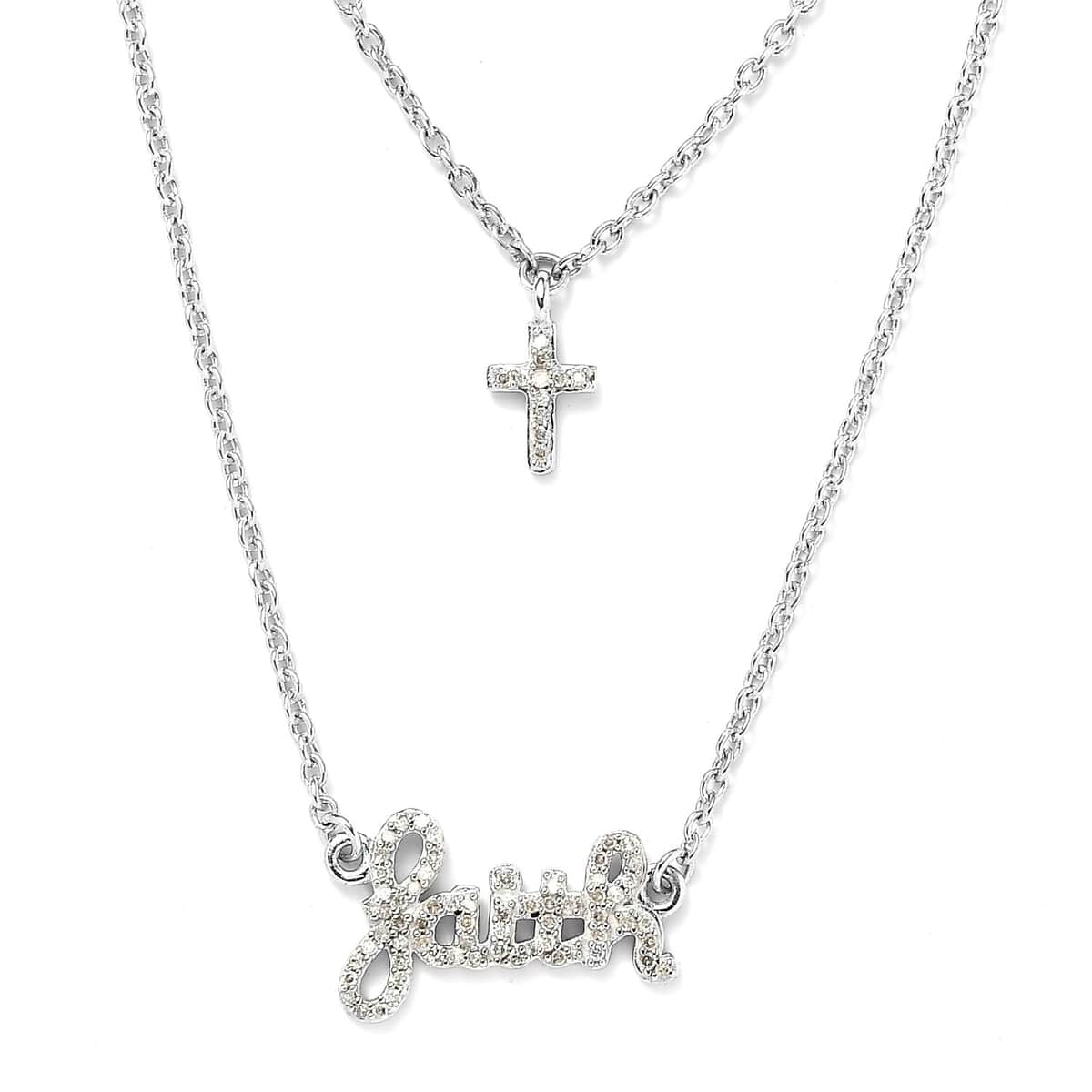 Diamond Faith and Cross Layererd Necklace 18 Inches in Rhodium Over Sterling Silver 0.25 ctw image number 0