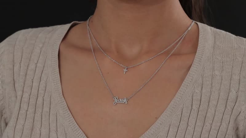 Diamond Faith and Cross Layererd Necklace 18 Inches in Rhodium Over Sterling Silver 0.25 ctw