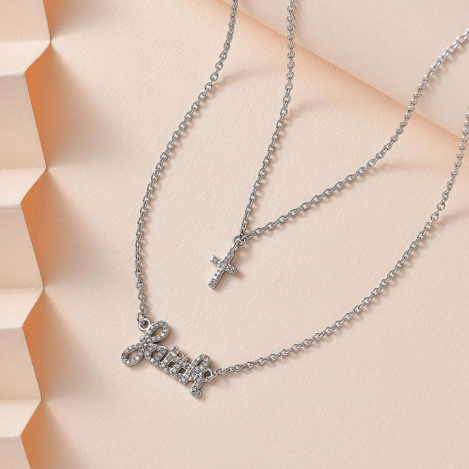 Diamond Faith and Cross Layererd Necklace 18 Inches in Rhodium Over Sterling Silver 0.25 ctw