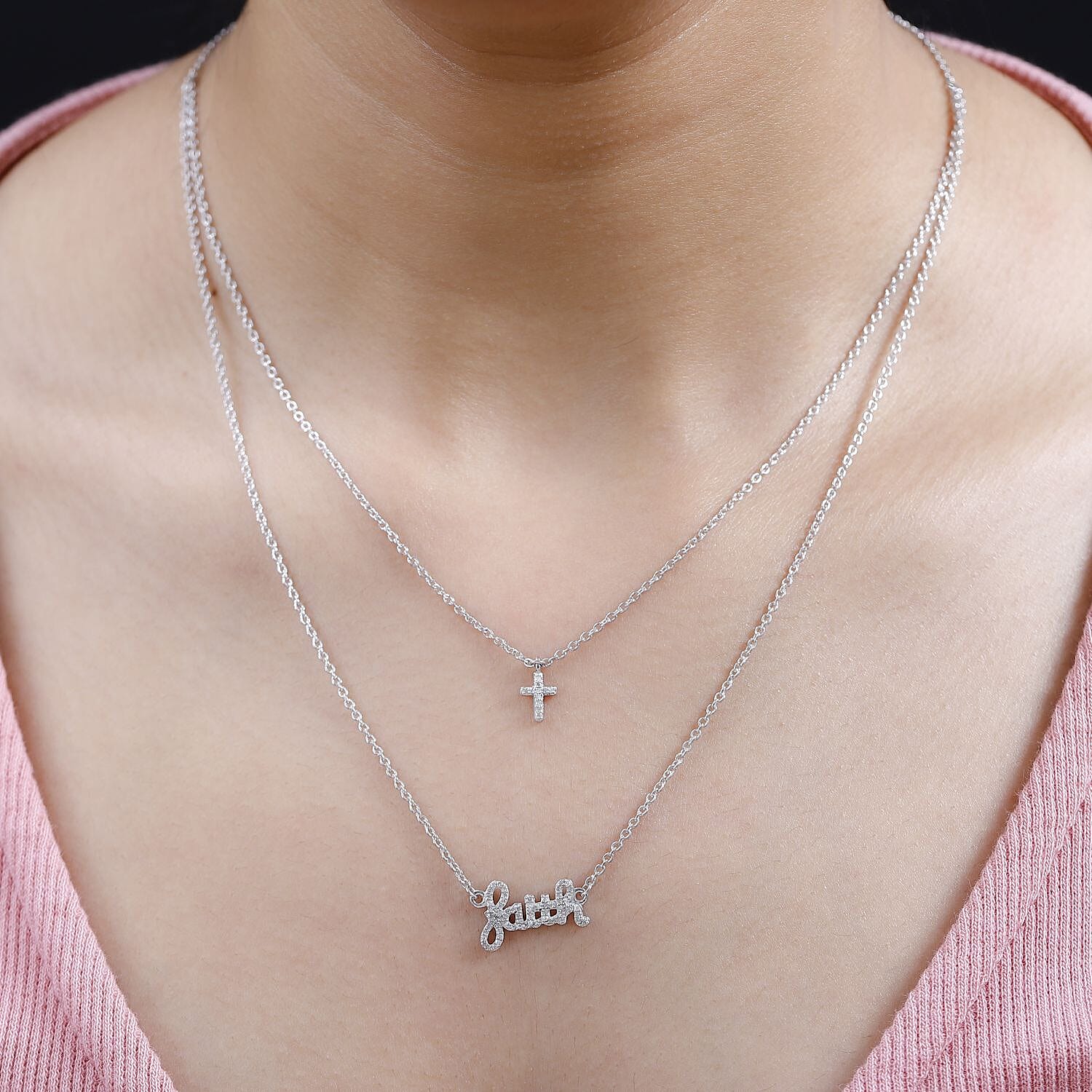 Diamond Faith and Cross Layererd Necklace 18 Inches in Rhodium Over Sterling Silver 0.25 ctw