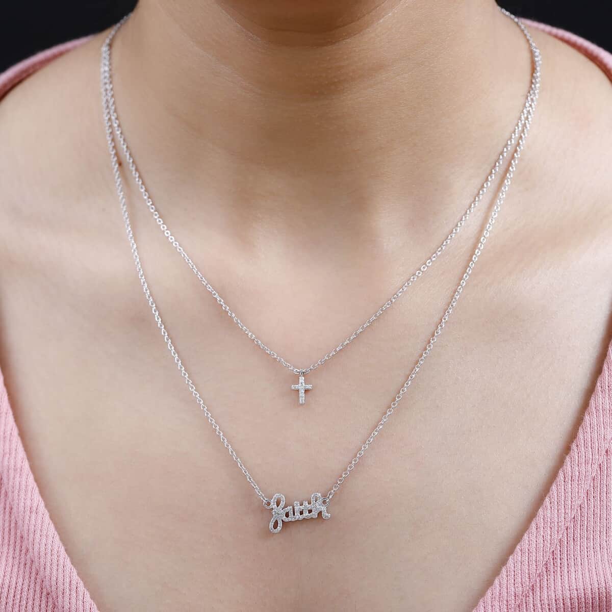 Diamond Faith and Cross Layererd Necklace 18 Inches in Rhodium Over Sterling Silver 0.25 ctw image number 2