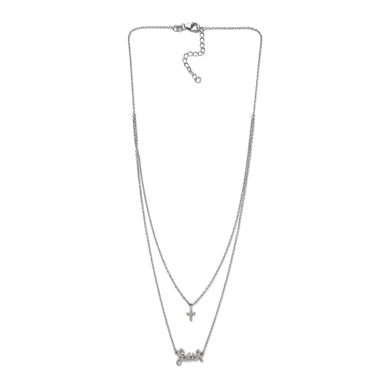 Diamond Faith and Cross Layererd Necklace 18 Inches in Rhodium Over Sterling Silver 0.25 ctw