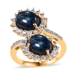 Doorbuster Blue Star Sapphire (DF) and White Zircon Snake Inspired Bypass Ring in Vermeil Yellow Gold Over Sterling Silver (Size 6.0) 7.80 ctw