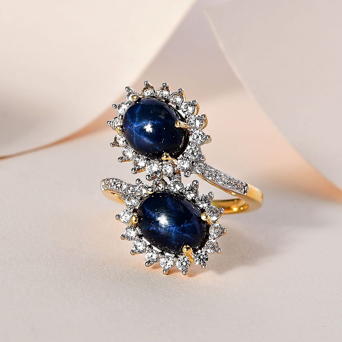 Blue Star Sapphire (DF) and White Zircon Snake Inspired Bypass Ring in Vermeil Yellow Gold Over Sterling Silver (Size 7.0) 7.80 ctw image number 1