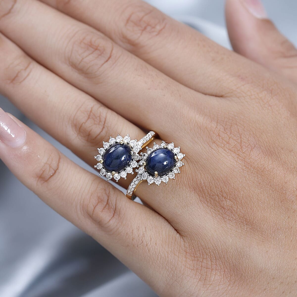 Blue Star Sapphire (DF) and White Zircon Snake Inspired Bypass Ring in Vermeil Yellow Gold Over Sterling Silver (Size 7.0) 7.80 ctw image number 2