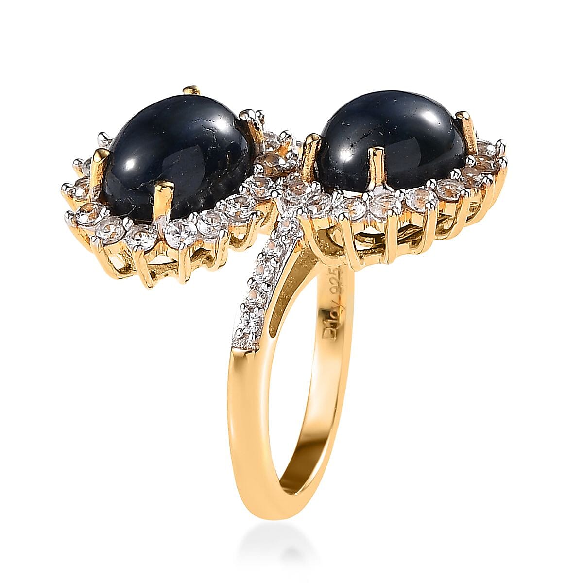 Blue Star Sapphire (DF) and White Zircon Snake Inspired Bypass Ring in Vermeil Yellow Gold Over Sterling Silver (Size 7.0) 7.80 ctw image number 3