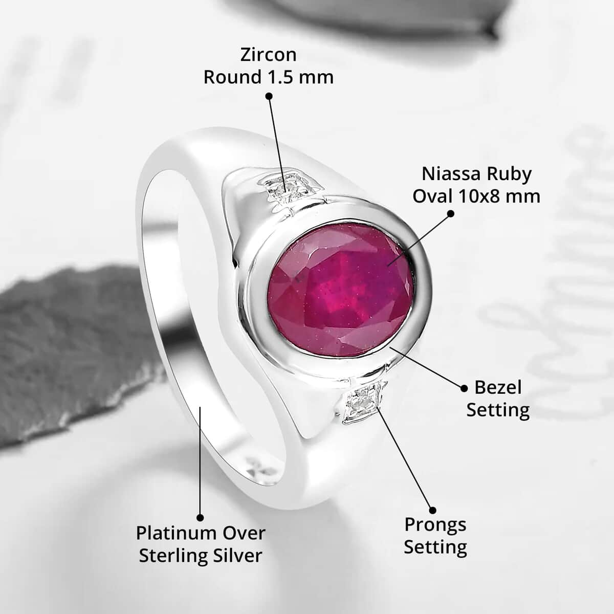 Niassa Ruby (FF) and White Zircon Men's Ring in Platinum Over Sterling Silver 3.40 ctw image number 4