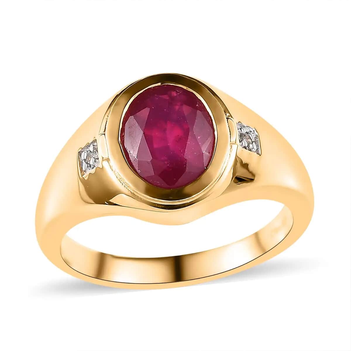 Niassa Ruby (FF) and White Zircon Men's Ring in Vermeil Yellow Gold Over Sterling Silver (Size 10.0) 3.40 ctw image number 0