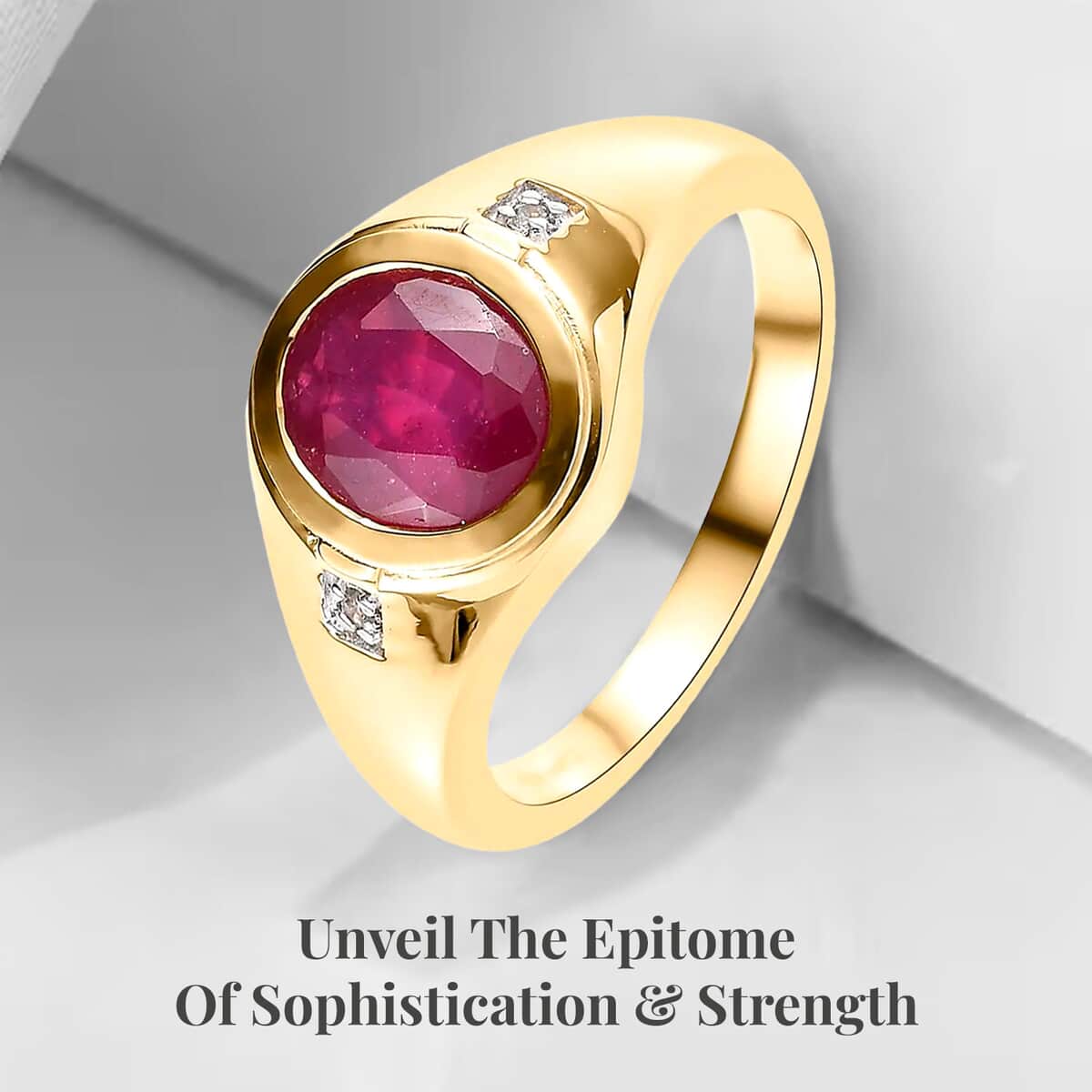 Niassa Ruby (FF) and White Zircon Men's Ring in Vermeil Yellow Gold Over Sterling Silver (Size 10.0) 3.40 ctw image number 2