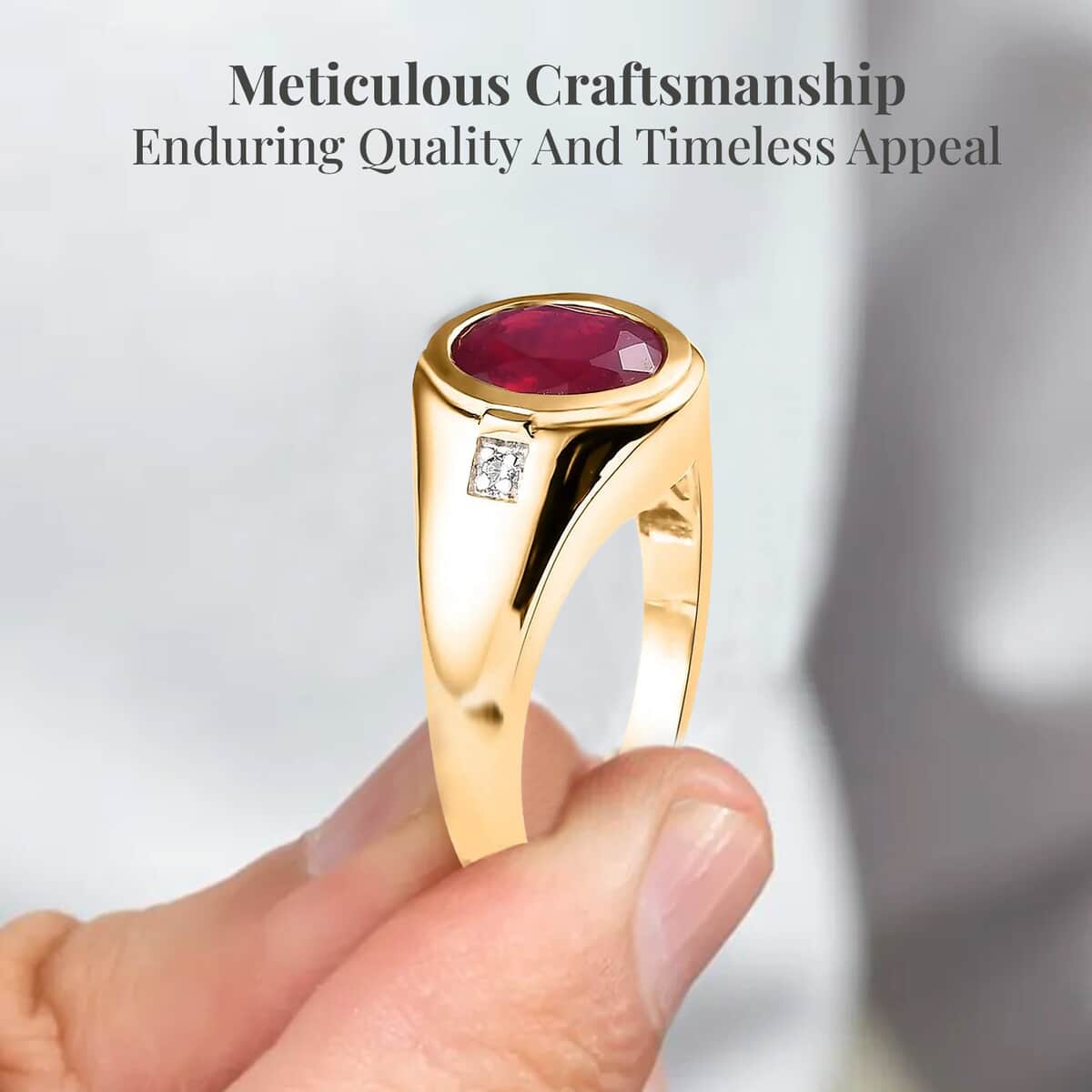 Niassa Ruby (FF) and White Zircon Men's Ring in Vermeil Yellow Gold Over Sterling Silver (Size 10.0) 3.40 ctw image number 3