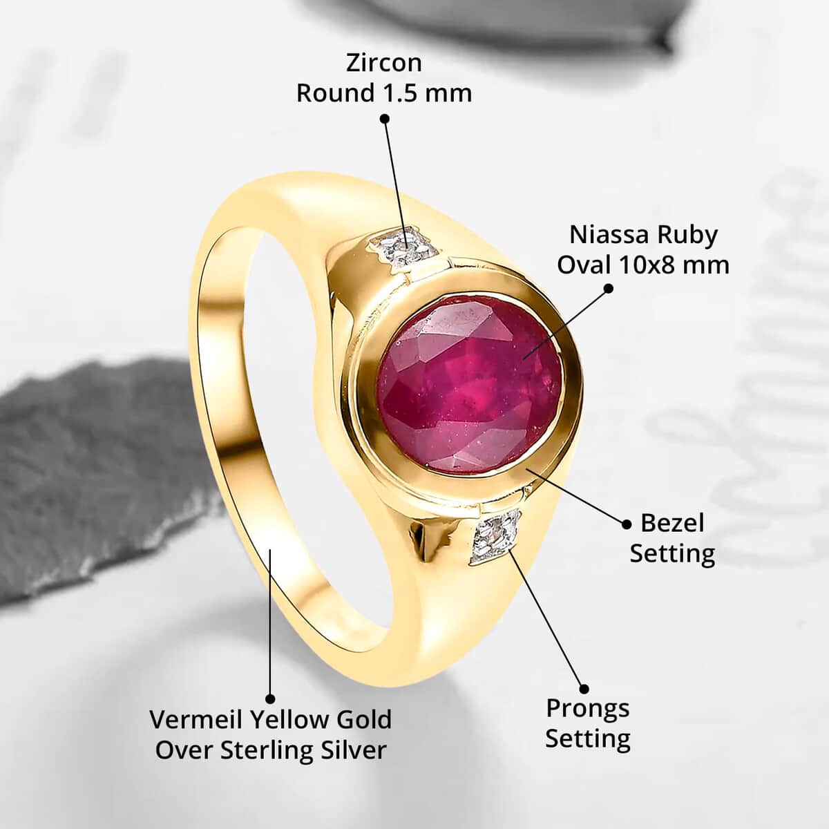 Niassa Ruby (FF) and White Zircon Men's Ring in Vermeil Yellow Gold Over Sterling Silver (Size 10.0) 3.40 ctw image number 4