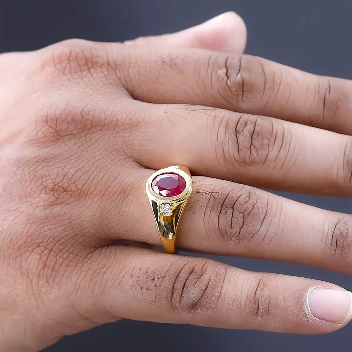 Niassa Ruby (FF) and White Zircon Men's Ring in Vermeil Yellow Gold Over Sterling Silver (Size 10.0) 3.40 ctw image number 7