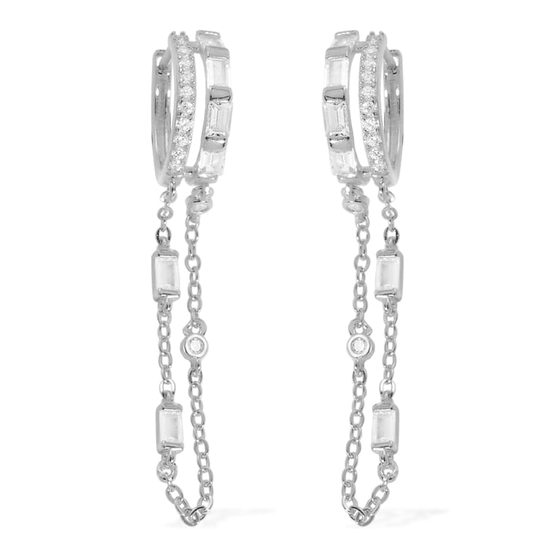 Lustro Stella Finest CZ Double Row Drop Chain Earrings in Rhodium Over Sterling Silver 1.85 ctw