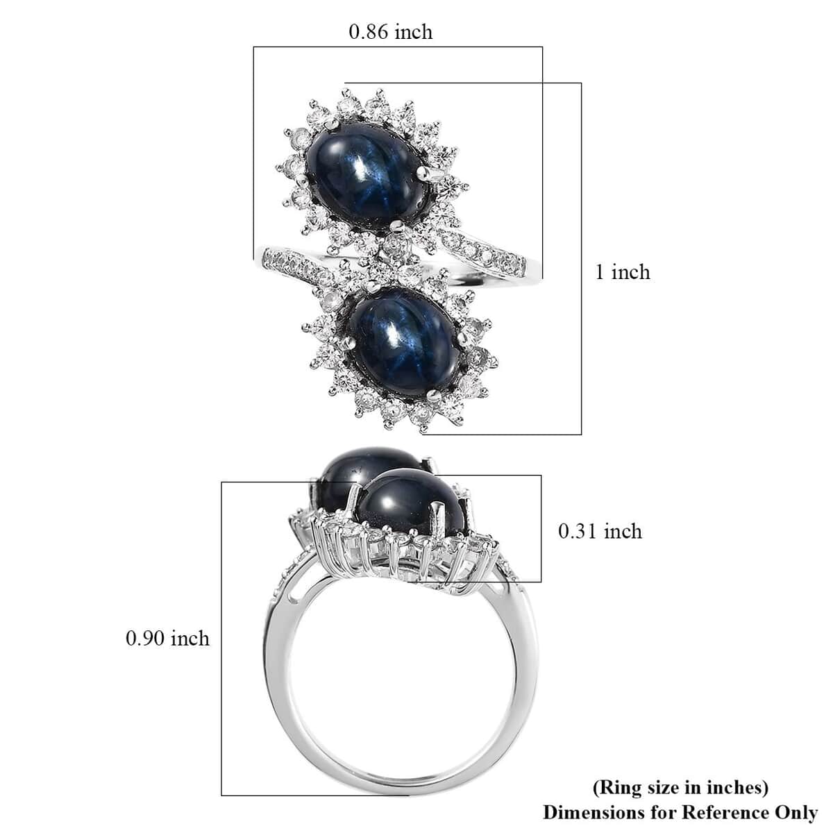 Blue Star Sapphire (DF) and White Zircon Snake Inspired Bypass Ring in Platinum Over Sterling Silver (Size 8.0) 7.80 ctw image number 5