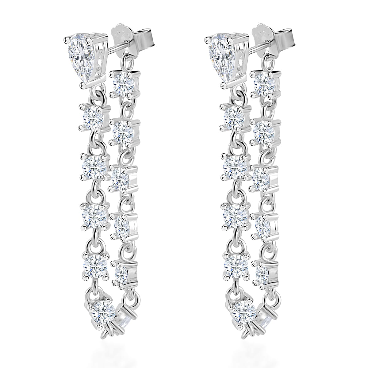 Lustro Stella Finest CZ Huggie Hoop Chain Earrings in Rhodium Over Sterling Silver 4.25 ctw