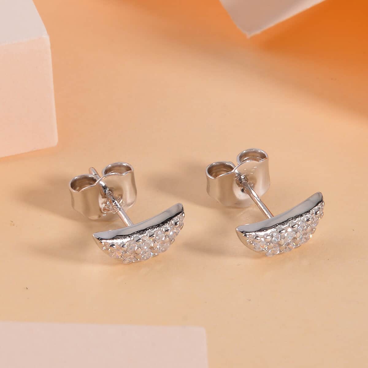 Lustro Stella Finest CZ Half Moon Stud Earrings in Rhodium Over Sterling Silver image number 1