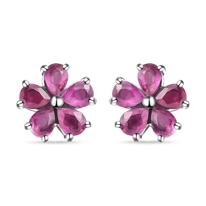Niassa Ruby (FF) Floral Stud Earrings in Stainless Steel 2.00 ctw
