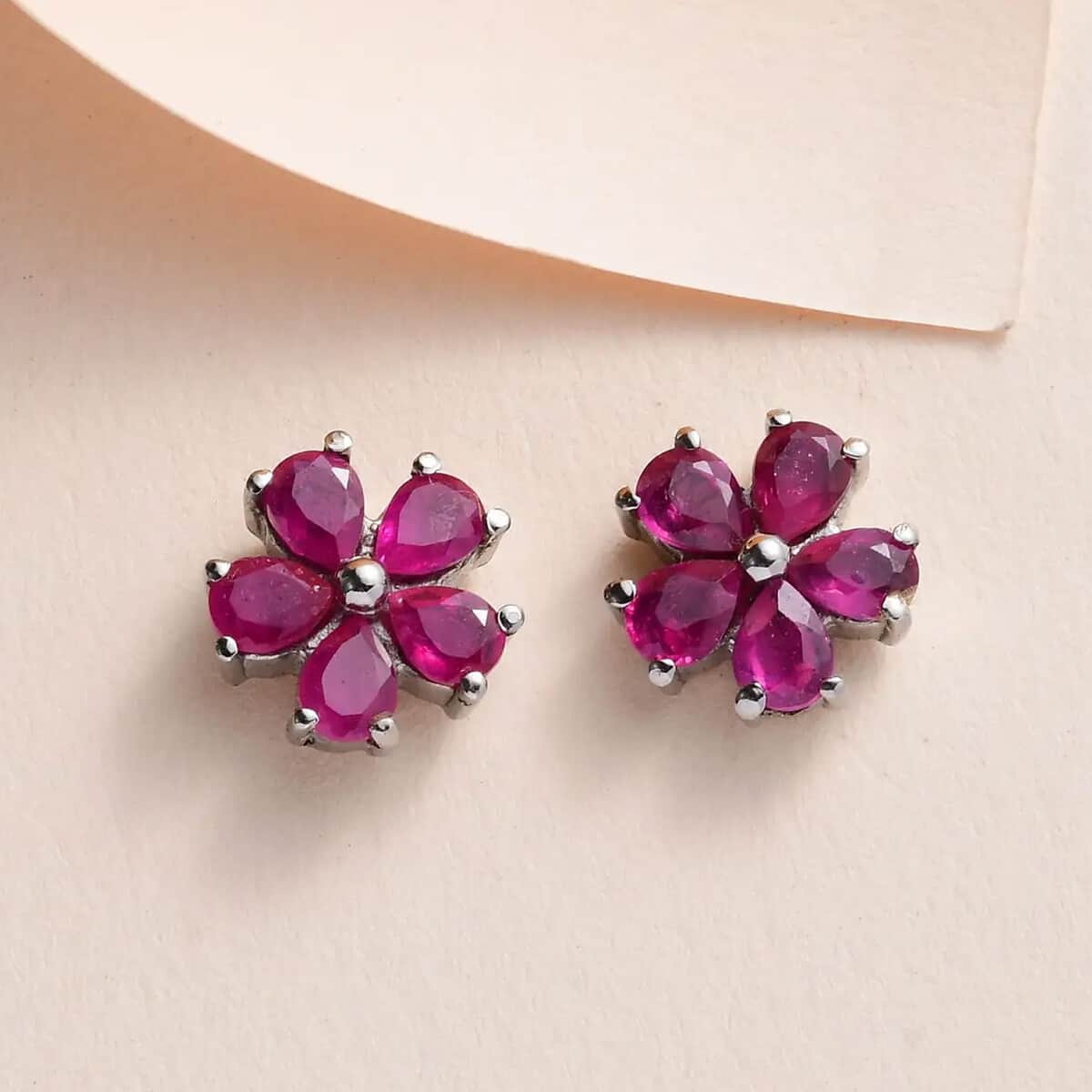 Niassa Ruby (FF) Floral Stud Earrings in Stainless Steel 2.00 ctw image number 1