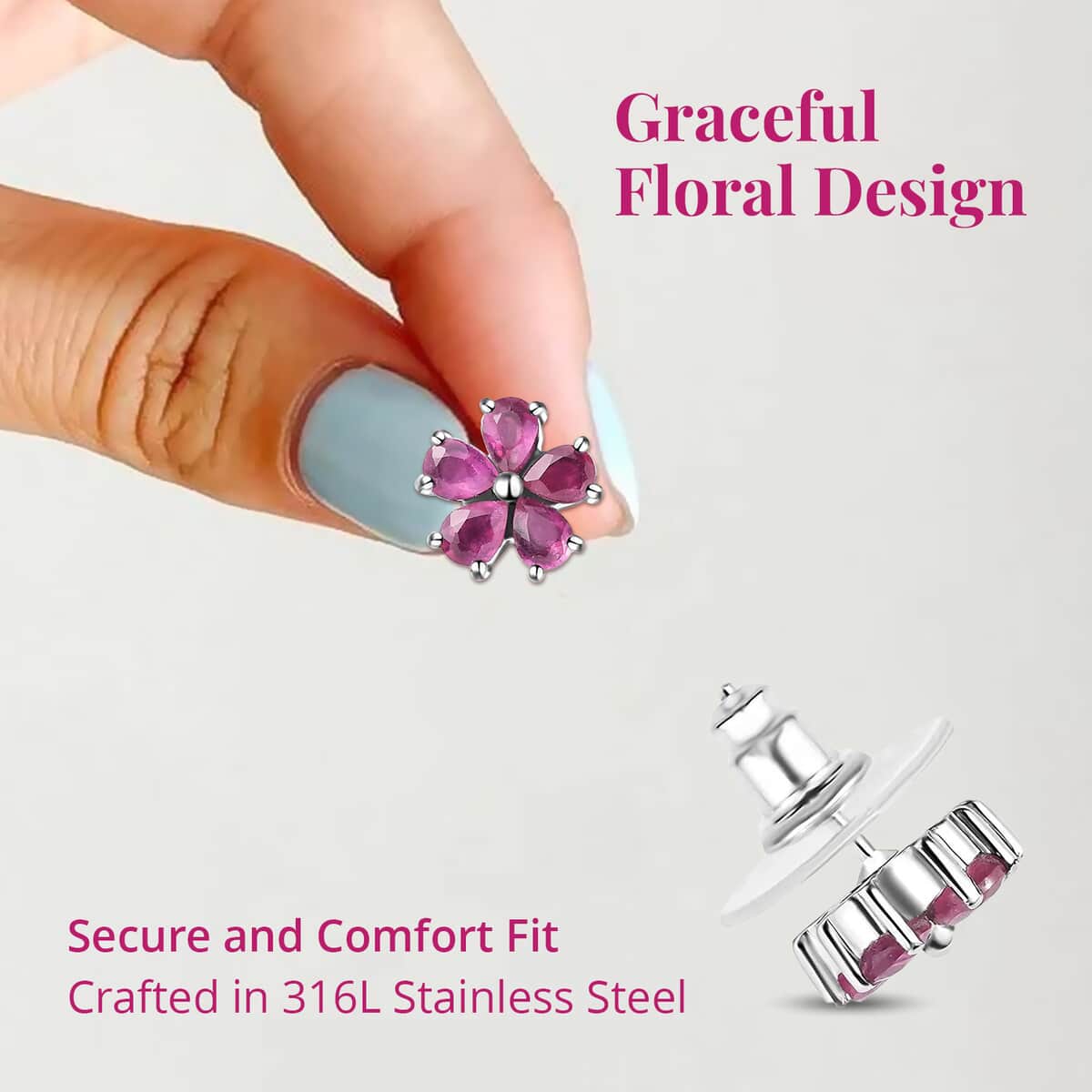 Niassa Ruby (FF) Floral Stud Earrings in Stainless Steel 2.00 ctw image number 3