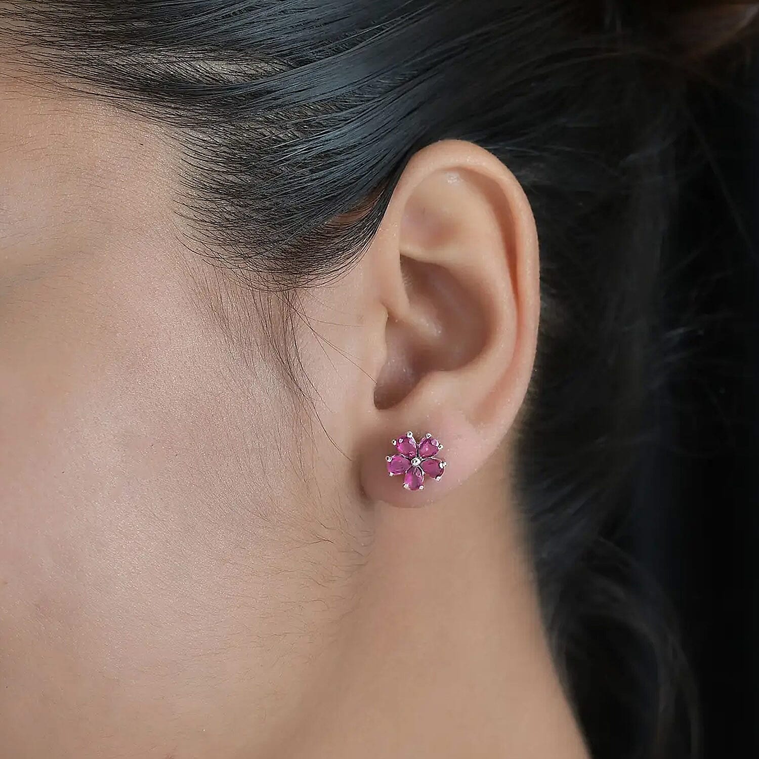 Niassa Ruby (FF) Floral Stud Earrings in Stainless Steel 2.00 ctw